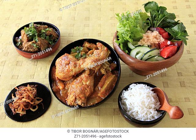 Burmese meal, curries, rice, salad,