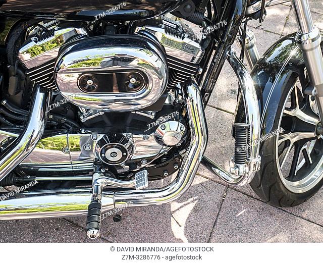 Motor de dos cilindros de una motocicleta. Madrid. España