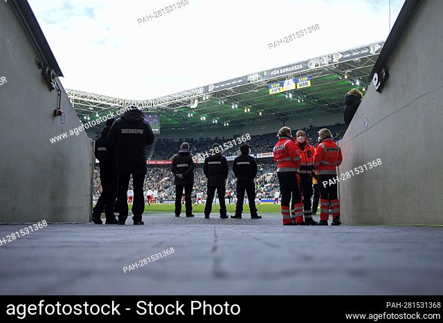 Feature, view of Borussia Park, helpers of a matchday in front of it, greenkeeper, greenkeeping, Malteser rescue service