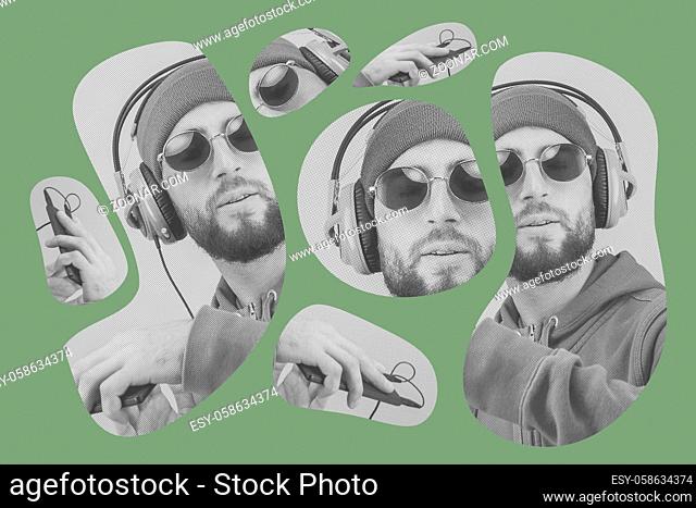 Funky bearded hipster DJ in headphone and sunglasses. Listening streaming music in smartphone player app. Pop art style collage
