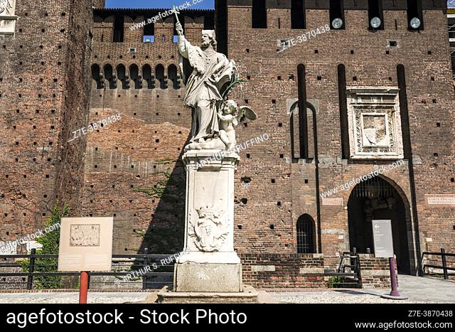 Statue of St. John of Nepomuk ( San Giovanni Nepomuceno). Sforza Castle (Castello Sforzesco). Milan, Lombardy, Italy, Europe