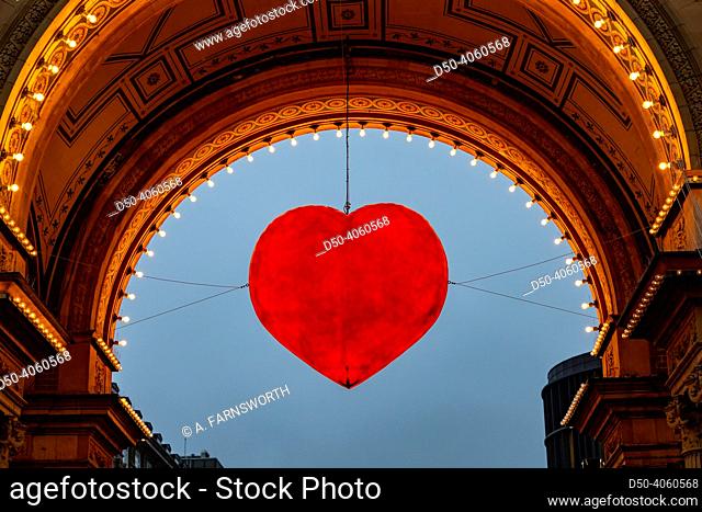 Copenhagen, Denmark Red hearts hanging in the entrance at the Tivoli Gardens Amusement park