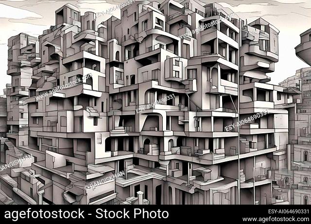 surreal abstract architecture- escher backgroundd-black and white
