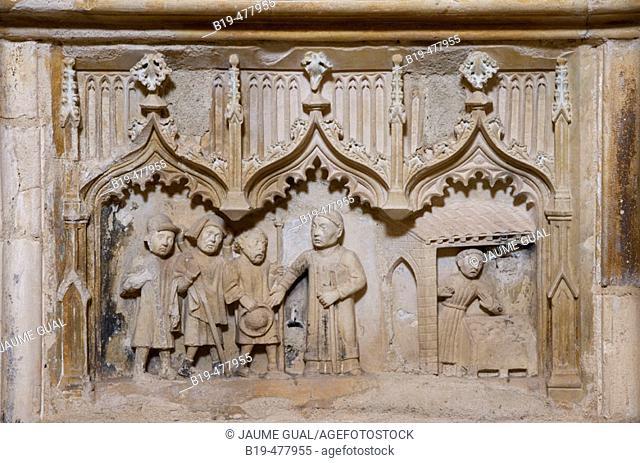 Gothic baldachin (15tth century, attributed to Juan de Colonia): detail of reliefs depicting the life of San Juan de Ortega: San Juan de Ortega with pilgrims to...