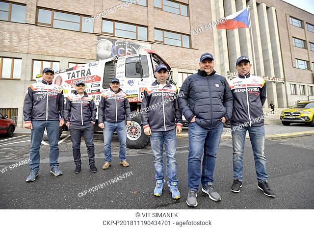 From left TOMAS SIKOLA, DAVID SCHOVANEK AND MARTIN SOLTYS, JIRI STROSS, MARTIN KOLOMY, ROSTISLAV PLNY of Tatra Buggyra Racing Team pose during the press...