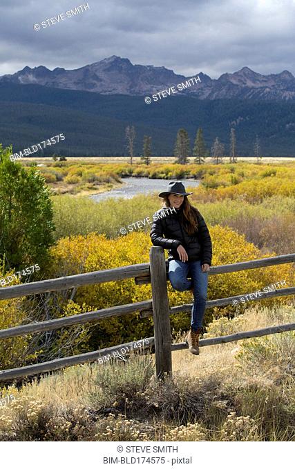 Caucasian woman under Sawtooth Range, Stanley, Idaho, United States