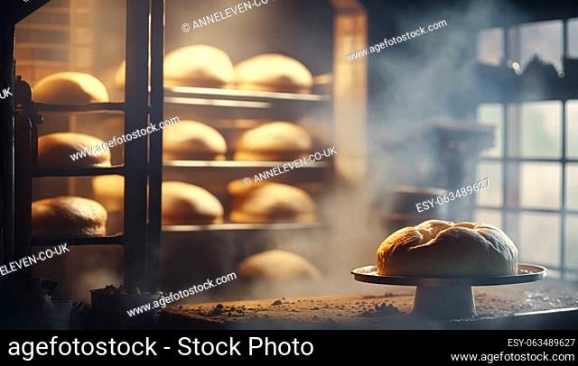 Bakery in the morning, hot fresh bread and pastry baking in the old town bakery, freshly baked products on shelves and the oven