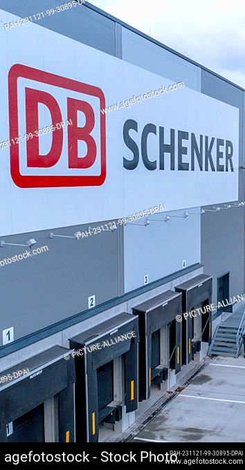 PRODUCTION - 21 November 2023, Mecklenburg-Western Pomerania, Rostock: The building for the new high-bay warehouse of the logistics company DB Schenker