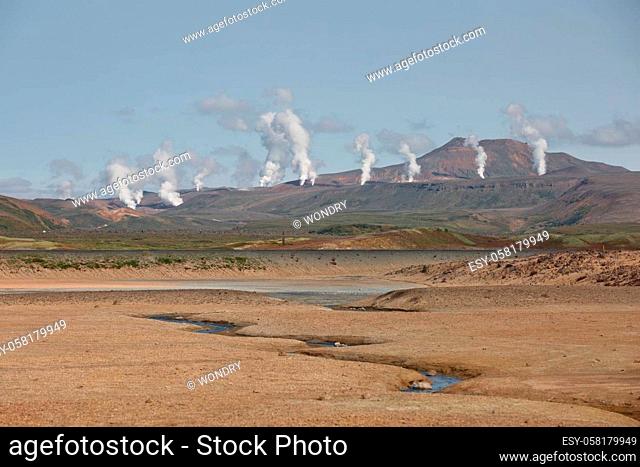 Námaskarð. Fumarole field in Namafjall, Iceland. Namaskard geothermal beauty landscape with mud pools and steam. Icelandic brown landscape