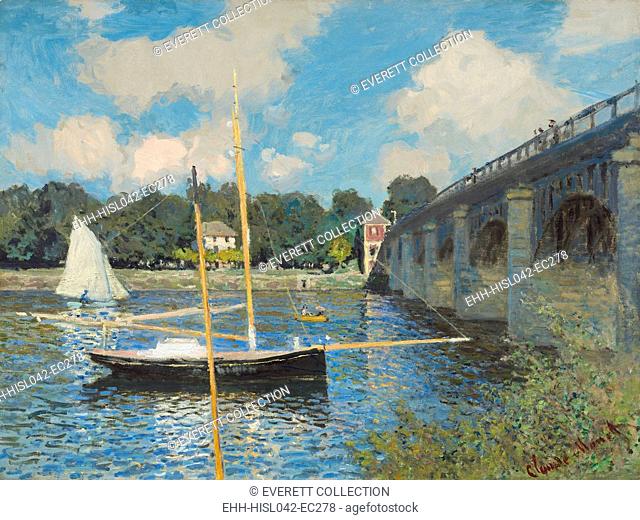 The Bridge at Argenteuil, by Claude Monet, 1874, French impressionist painting, oil on canvas. The bright blue of the sky is reflected with equal intensity in...