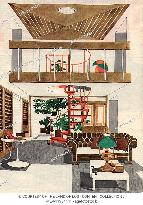 Illustration for split-level living space by David Wren for the Observer magazine, 19th March 1967