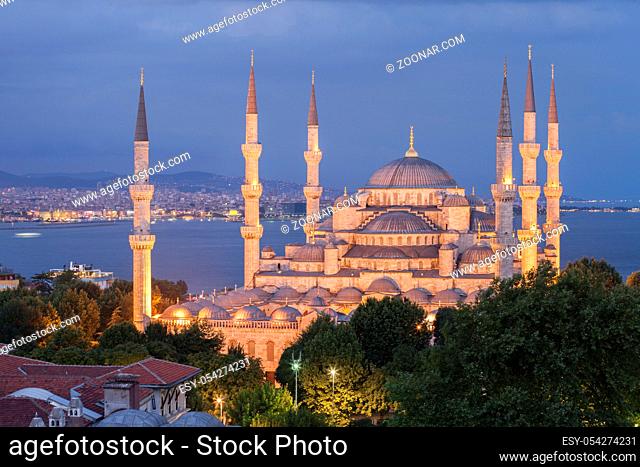 Elevated view of The Blue Mosque at dusk, Istanbul, Turkey
