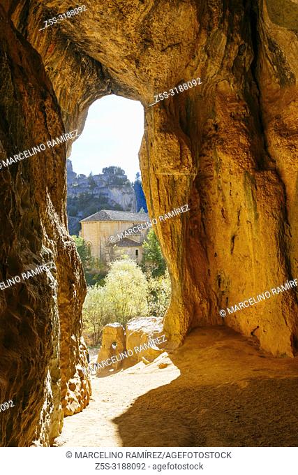 The hermitage of San Bartolome seen from the Big Cave - Cueva Grande. Lobos river canyon, Nature Park. Ucero, Soria, Castilla y Leon. Spain, Europe