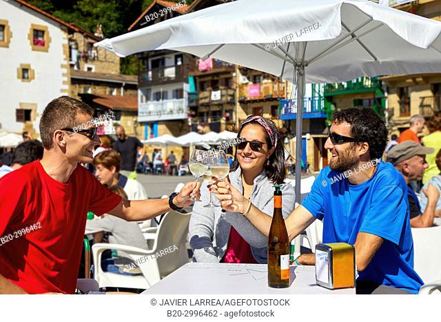 Guide with tourists having a wine, Txakoli, Plaza Santiago, Pasai Donibane, Pasajes de San Juan, Gipuzkoa, Basque Country, Spain, Europe