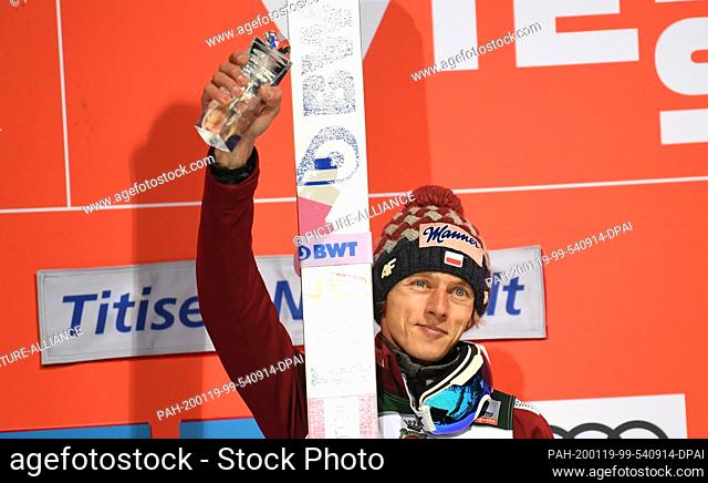 19 January 2020, Baden-Wuerttemberg, Titisee-Neustadt: Nordic skiing/ski jumping: World Cup ski jumping, large hill, men: Dawid Kubacki from Poland celebrates...