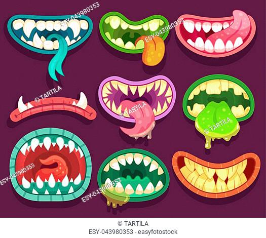 Monsters mouths. Halloween scary monster teeth and tongue in mouth closeup. Funny jaws and crazy face laugh maws of happy bizarre creatures expression zombie or...