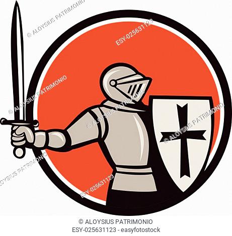 Cartoon style illustration of a knight wearing armor holding shield and wielding sword viewed from the side set inside circle on isolated background