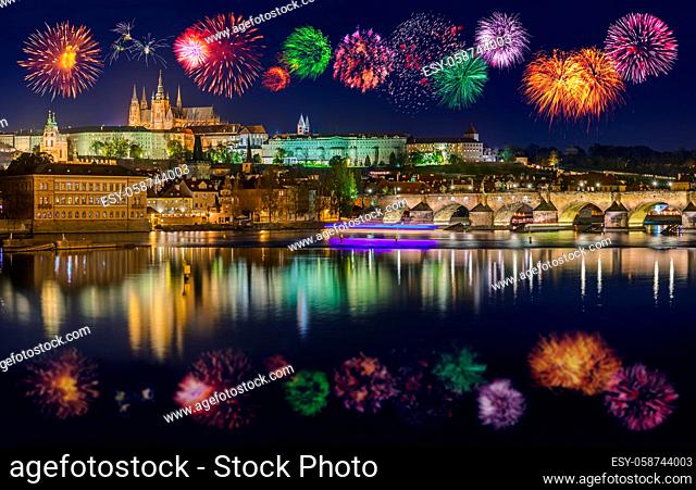 Fireworks in Prague - Czech Republic - travel and architecture background