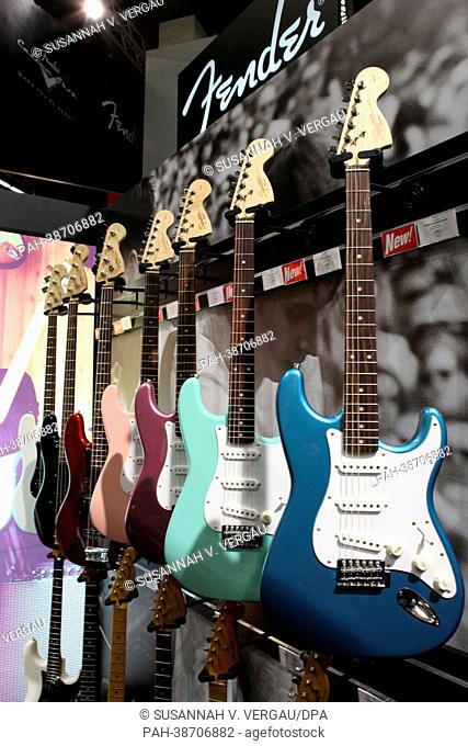 Fender guitars in pastel shades are on display at the music trade fair in Frankfurt Main, Germany, 10 April 2013. Photo: Susannah V