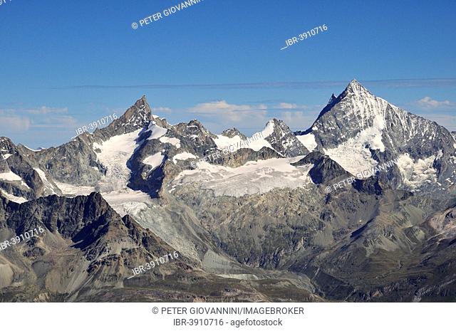 Valais Alps with Zinalrothorn, 4221 m, and Weisshorn, 4505 m, seen from the Klein Matterhorn, Zermatt, Canton of Valais, Switzerland