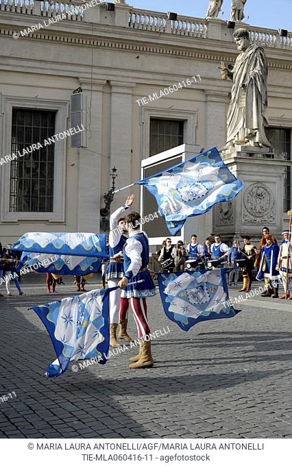 Flag bearers from Faenza during the General Papal audience, St. Peter Square, Vatican, Rome, ITALY-06-04-2016  Journalistic use only