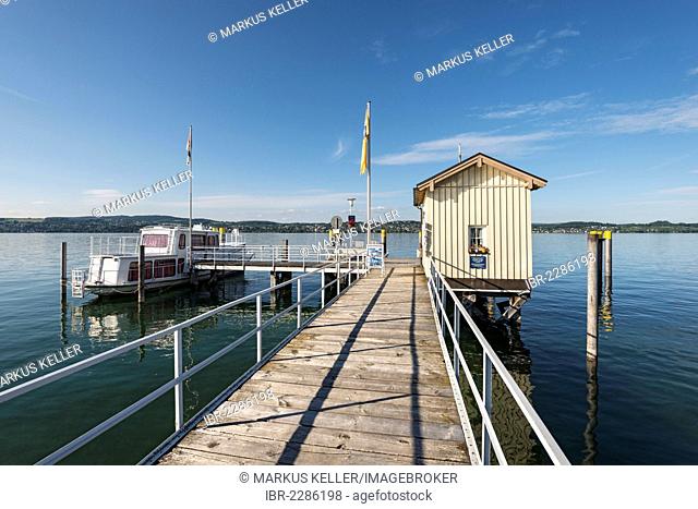 Shipping pier on Lake Constance with a ticket booth, Dingelsdorf, Baden-Wuerttemberg, Germany, Europe