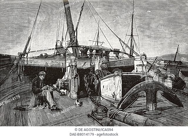 Decommissioning, a sailor, sitting on the deck of a ship, removing the rope tied to a flag, engraving from a painting by Alfredo Luxoro (1859-1918)