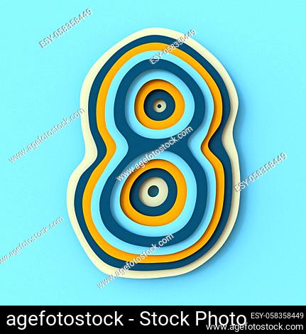 Colorful paper layers font Number 8 EIGHT 3D render illustration isolated on blue background