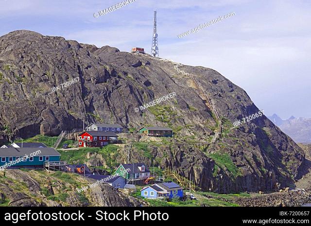 A long staircase leads up a barren mountain, a communication mast at the top, Maniitsoq, Arctic, North America, Greenland, Denmark, North America