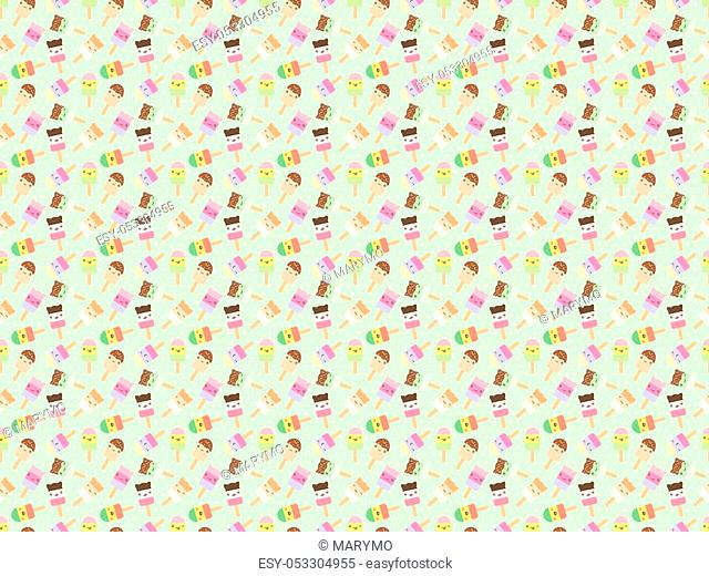 Seamless pattern of cute kawaii style ice cream bars. Decorative colorful design elements in doodle Japanese style isolated on retro polka dot background