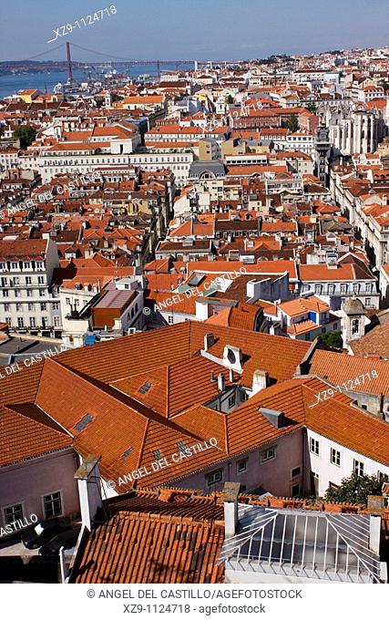 View of Lisbon from the Castle  Its posible to see Santa Justa Elevator and 25th April Bridge