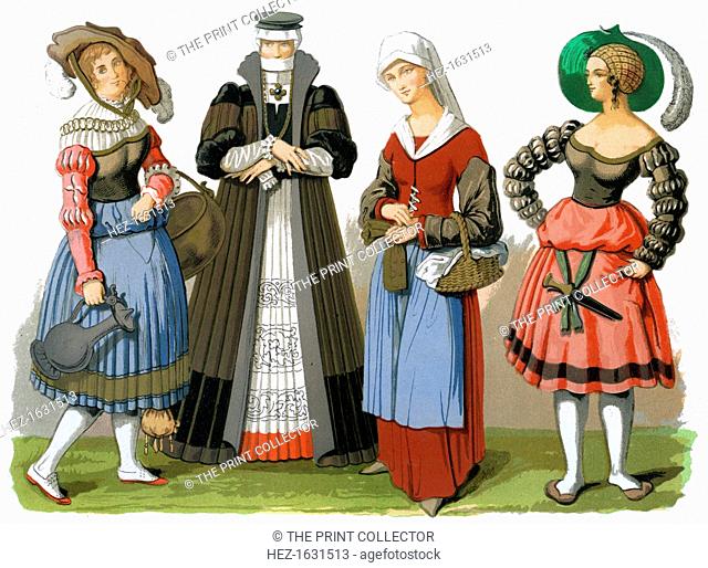 Swiss costumes, 15th-16th century (1849). Featured are a cook (first half of the 16th century), a doctor of Strasbourg (1572)