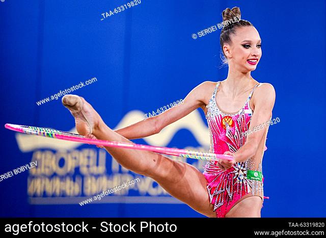 RUSSIA, MOSCOW - OCTOBER 13, 2023: Russia's Diana Chugunkina performs her hoop routine in the individual final at the 2023 Cup of the Strongest international...