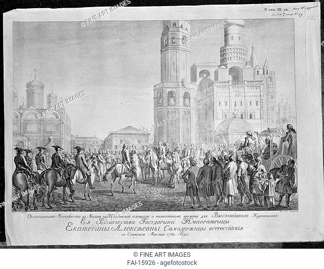 Manifesto Announcement of the Catherine II Coronation in Moscow on September 18, 1762. Kolpashnikov, Alexey Yakovlevich (1744-1814). Etching