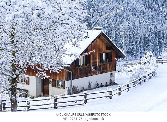 A house of the small town of Filisur with snow in winter. Switzerland, Europe