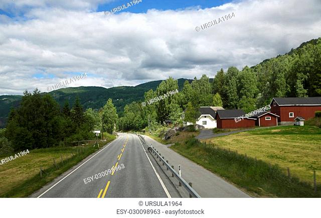 Scenic empty road among the dense forests of in beautiful mountains of Norway