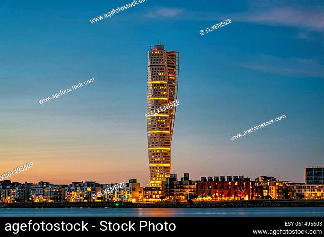 The iconic Turning Torso in Malmo, Sweden, at twilight