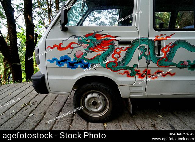 Car painted with Chinese dragon, Landour, Mussoorie, Uttarakhand, India, Asia