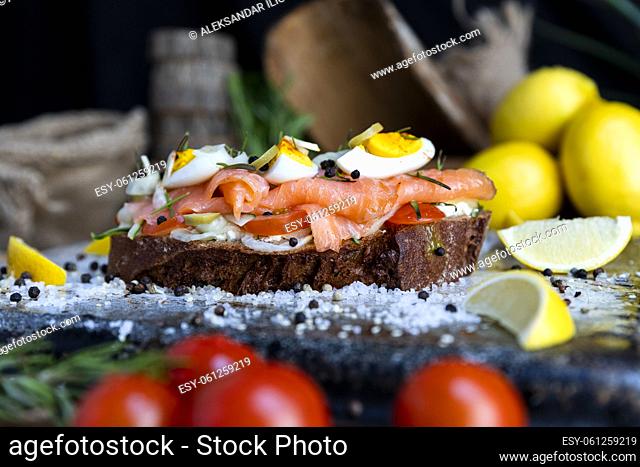 Salted salmon open sandwich with eggs, tomatoes, olives, cream cheese, cucumber and garlick. Healthy delicious seafood