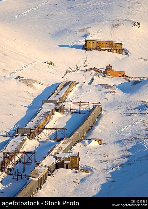 Covered access to the mine, once with a railway. Pyramiden, abandoned russian mining settlement at the Billefjorden, island Spitzbergen in the svalbard...