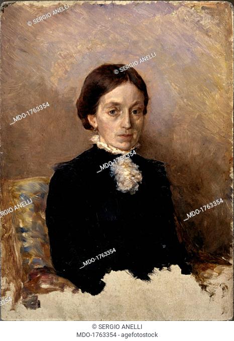 Woman portrait (Ritratto di donna), by Demetrio Cosola, 1870 - 1895, 19th Century, oil on board. Private collection. Whole art work view