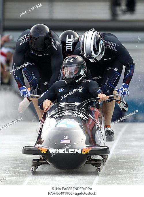 Bobsleigh pilot Steven Holcomb and his pushers Justin Olsen, Carlo Valdes and Samuel Michener of the USA in action during the Bobsleigh and Skeleton World...