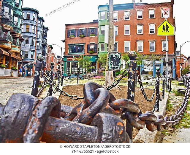 North Square, North End. Boston, Massachusetts. The North End is a largely Italian neighborhood in Boston with Victorian and Brownstone architecture