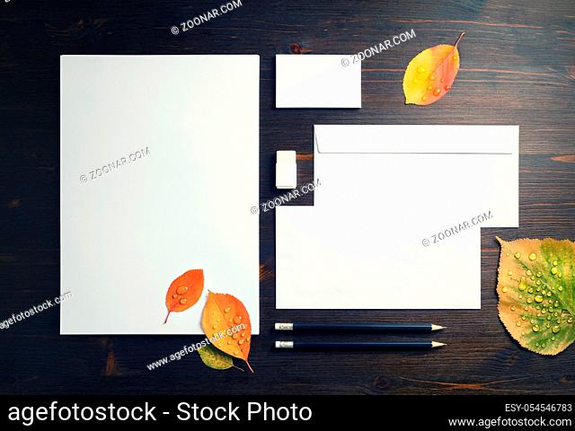 Photo of blank stationery set and autumn leaves on wooden background. Corporate stationery template. Flat lay