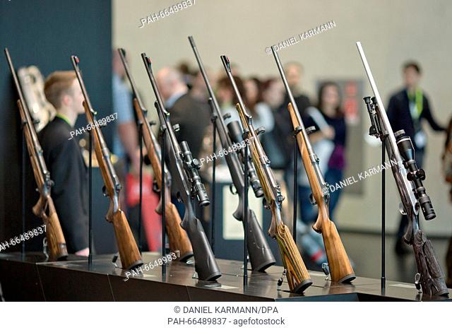 Rifles from German arms manufacturer J. P. Sauer & Sohn GmbH at the company's stand at the IWA OutdoorClassics hunting and sporting weapons fair in Nuremberg