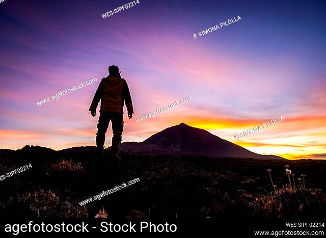 Man admiring view while standing on mountain at El Teide National Park, Tenerife, Spain