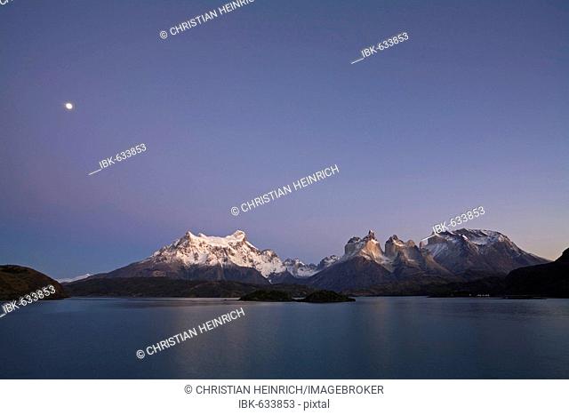Moonlight over the Torres del Paine mountains at the lake Lago Pehoe, National Park Torres del Paine, Patagonia, Chile, South America