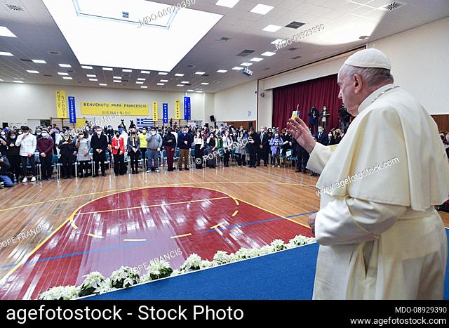 Pope Francis meets with young people at the Saint Dionysius School of the Ursuline Sisters in Maroussi in Athens (Greece), December 6, 2021