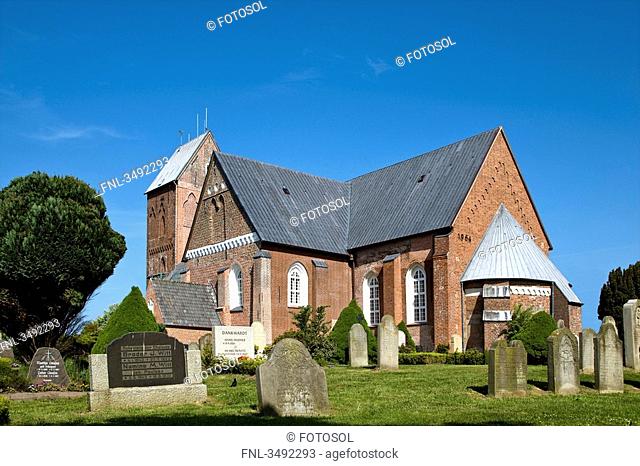 Cemetery in front of the St. Johns Church, Nieblum, Föhr, Schleswig-Holstein, Germany, low angle view
