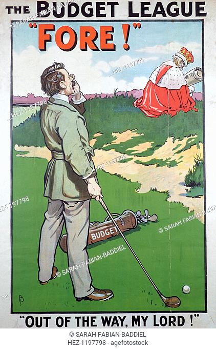 Political poster for The Budget League, British, 1910. This group published a weekly magazine with the objective of rallying support for the prime minister